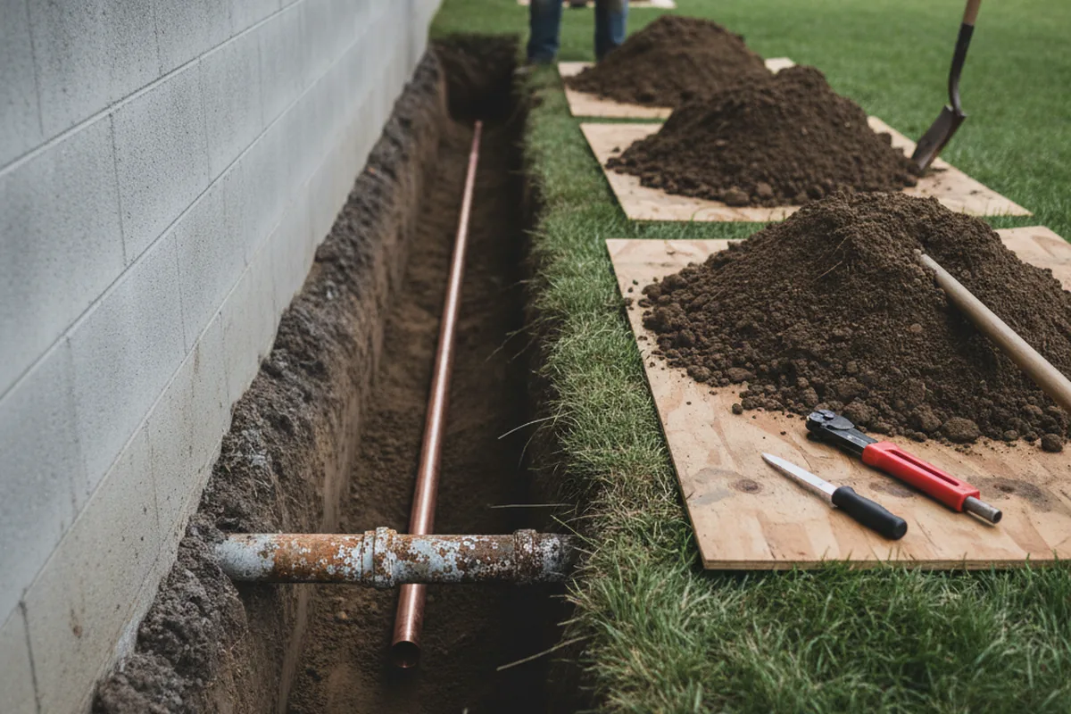 Excavated water line trench during Sewer Line Repair in Orleans